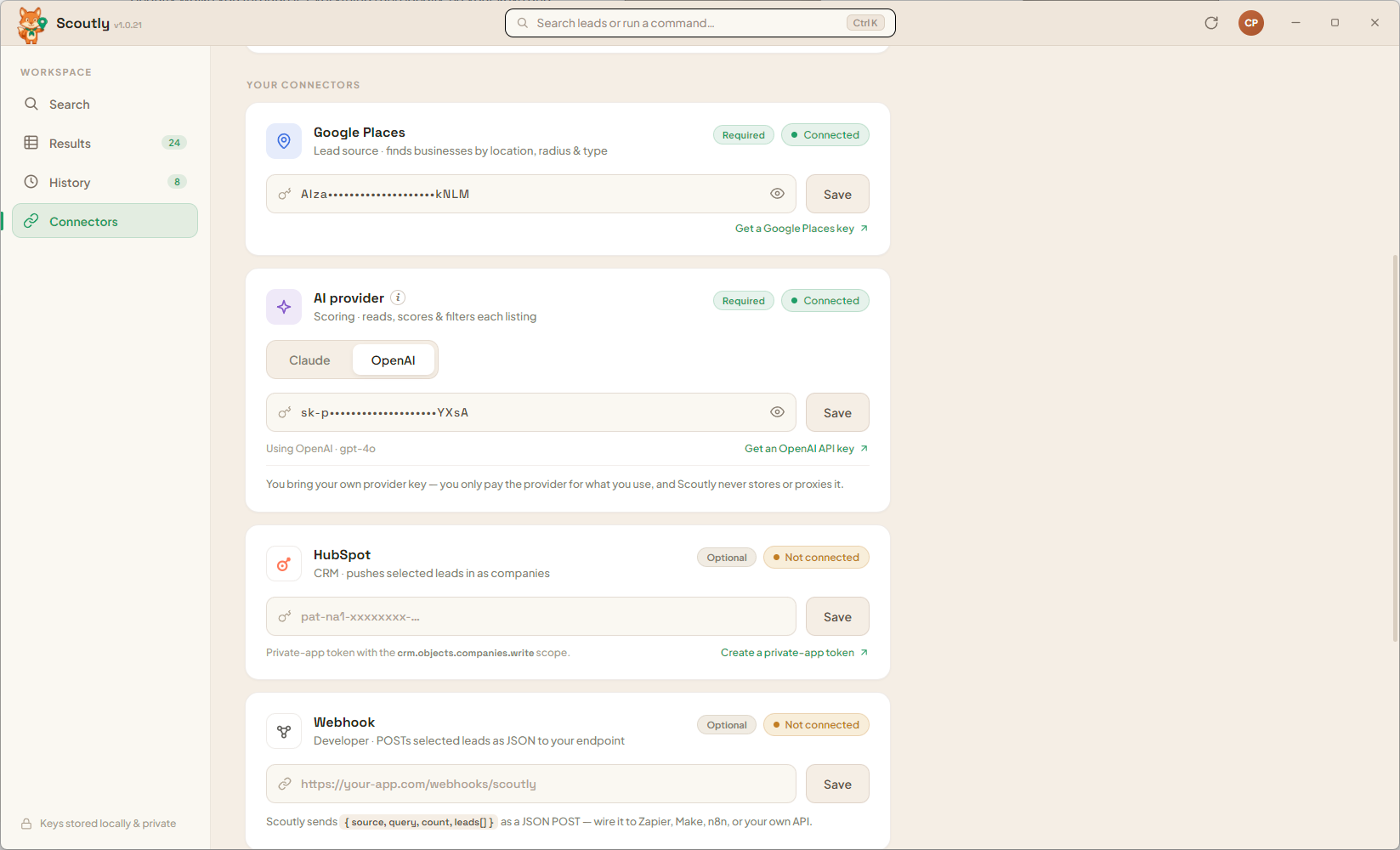 Scoutly connectors — bring your own AI provider key