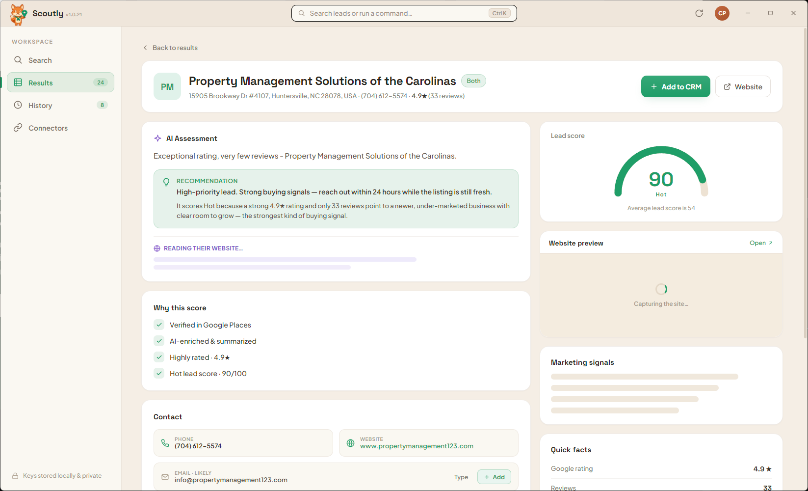 Scoutly lead detail — AI assessment and 0–100 score
