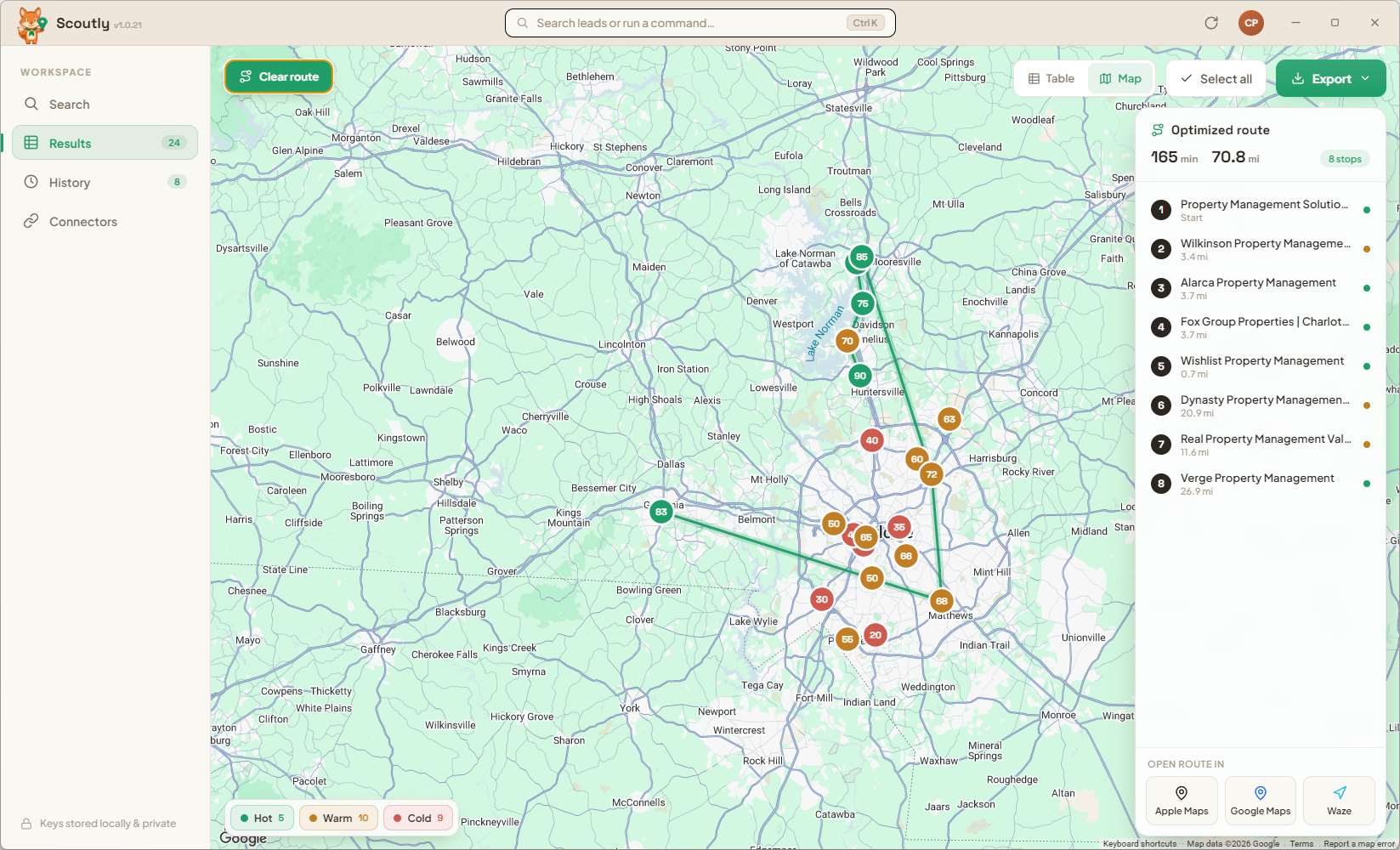 Scoutly map view — leads plotted with an optimized driving route