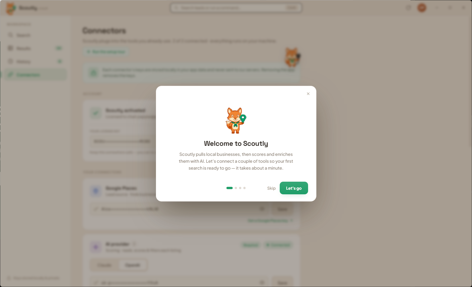 Scoutly setup — the guided onboarding tour